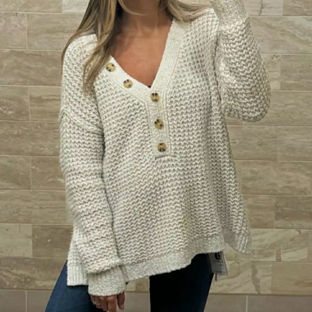 Free People Whistle Sweater Cream V Neck Oversize XS